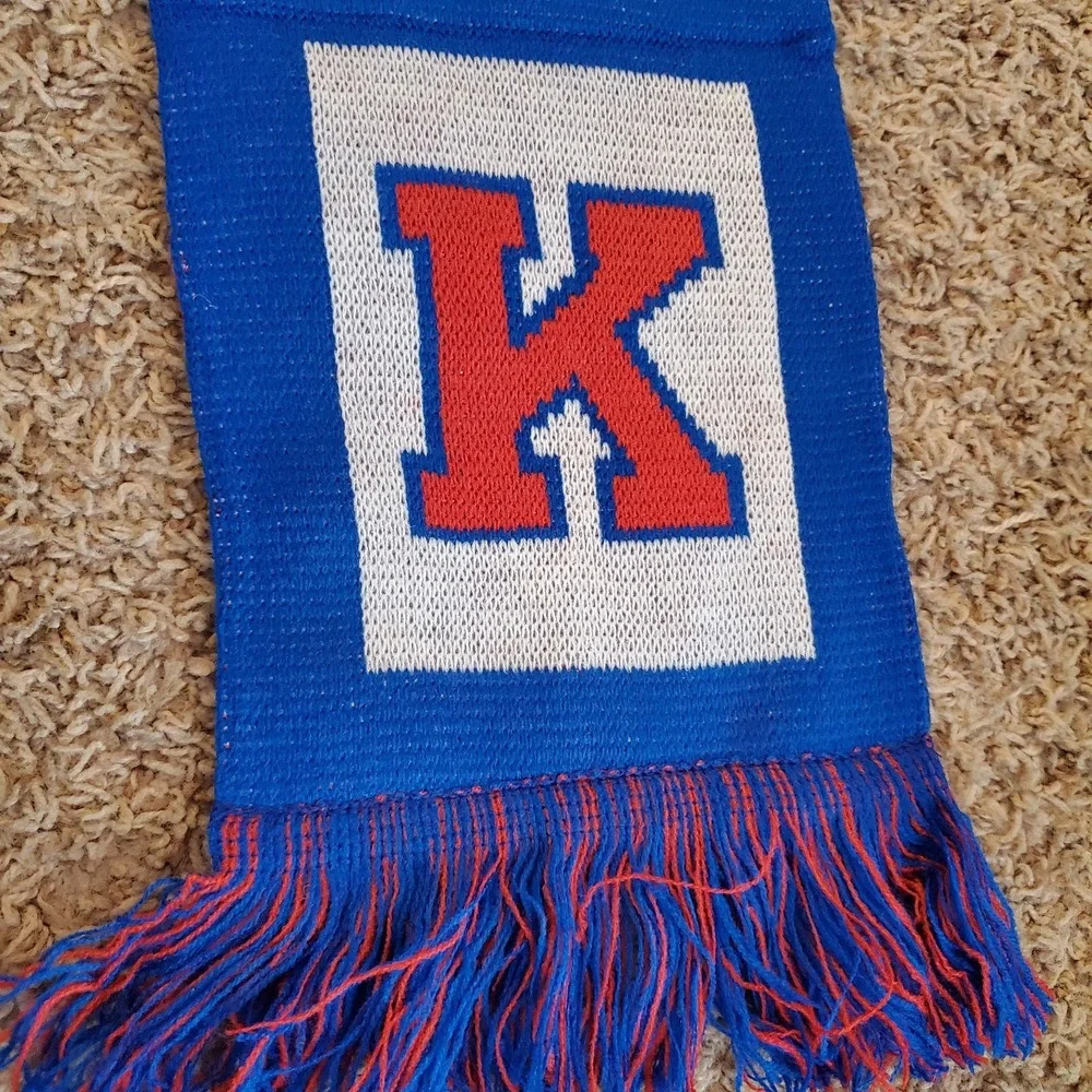 Kansas Jayhawks Ncaa Rock Chalk Red White Blue‎ Scarf Fringe Knit